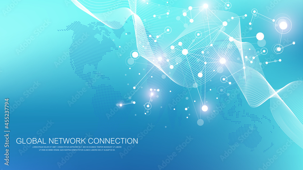 Poster global network connection concept. social network communication in the global business. big data vis
