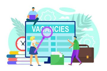 Job vacancy at screen, vector illustration. Man woman person search work online, business worker candidate look for professional employment.