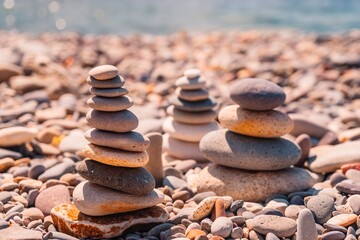 Fototapeta na wymiar Pyramid stones on the seashore on a sunny day on the blue sea background. Happy holidays. Pebble beach, calm sea, travel destination. Concept of happy vacation on the sea, meditation, spa, calmness.