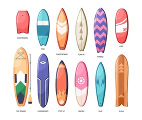 Different types of water boards set. Long and short surfboards and summer planks of various design, shapes, sizes and forms. Funboards collection. Flat vector illustration isolated on white background