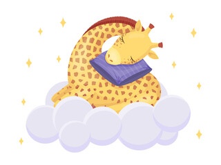Cute giraffe sleeping on cloud with soft pillow. Kawaii character. Vector children illustration. Isolated on white.
