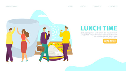 Lunch time concept, landing banner, vector illustration. Flat business people character have breakfast, drink coffee, web page design.