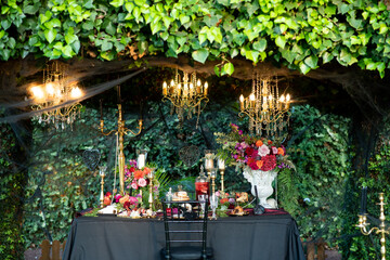 Table served for Halloween celebration in garden