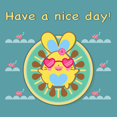 Have a nice day! Special moments in summer, Smiley bunny wear big pink heart sunglasses, lay on cool kiwi swimming ring. Vacation state of mind! Let your heart flow with the sea. It’s time to relax.