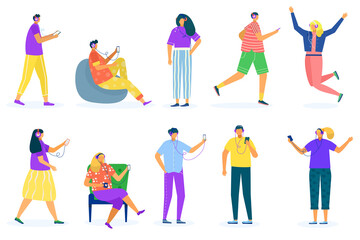 Fototapeta premium People in headphones set, vector illustration. Young man woman character listen music, isolated on white collection. Flat happy girl guy dance