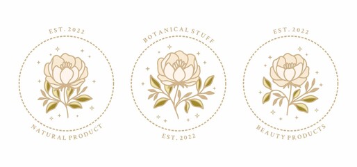 Set of vintage feminine beauty peony floral logo elements with frame