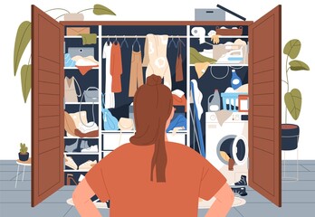 Woman stand in front of messy untidy wardrobe. Person look at open closet full of disordered clothes and accessories. Female before decluttering mess and clutter in cupboard. Flat vector illustration