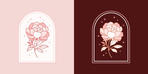 Vintage hand drawn feminine beauty peony floral logo elements with frame