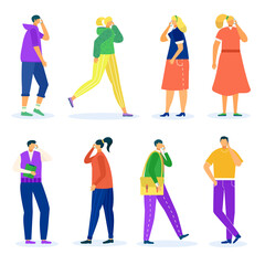 Phone for man woman, isolated on white set, vector illustration. People character talk at smartphone, happy person conversation at mobile.