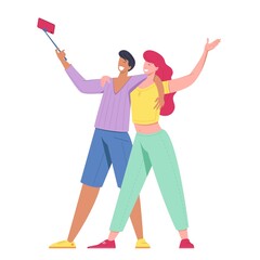 Happy funny couple man and woman taking selfie looking at smartphone, couple family cheerful having fun holding phone make snapshot self portrait laughing. Vector illustration.