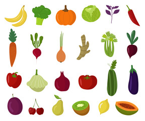 Vegetables, berries and fruits, a set of healthy vegetarian food. The vector illustration is isolated. A colorful collection of farm clipart. Bananas, broccoli, celery, zucchini, cherries