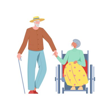 Old people outdoor man with a cane and woman in a wheelchair. Recreation and leisure retiree activities concept. Vector illustration of elderly people, flat style.