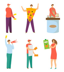 People character with promotion, isolated on white vector illustration. Man woman work for business marketing, pizza, tea and fruit juice