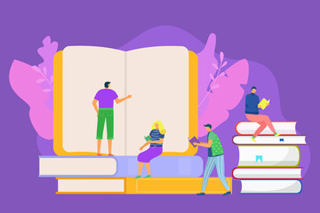 Book for student concept, vector illustration. Man woman character study in library, read literature with knowledge concept. Young tiny person