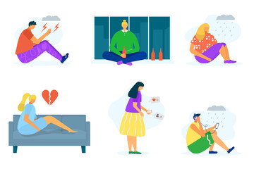 Sad people, isolated on white set. Woman man character with emotional problem, female stress about bad weather, broken heart, social media.