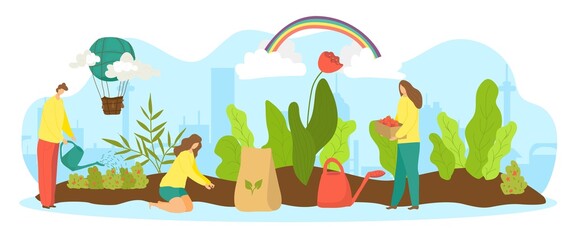 Garden with plant, vector illustration. Tiny flat people character work with green agriculture natural, gardener sow in flower pot.