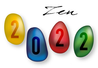 Nouvelle année 2022 sur le concept de l’esprit zen, avec l’image de quatre cailloux de couleurs qui symbolise la relaxation en thalassothérapie. - obrazy, fototapety, plakaty