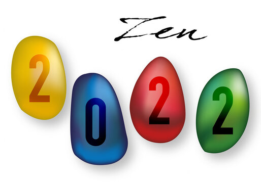 Nouvelle année 2022 sur le concept de l’esprit zen, avec l’image de quatre cailloux de couleurs qui symbolise la relaxation en thalassothérapie.