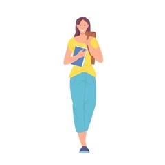 Obraz premium Female student or schoolgirl walking holding book and backpack flat vector illustration.