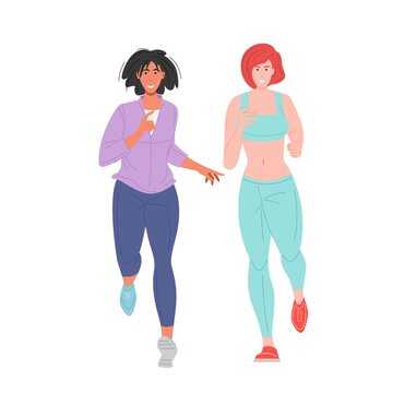 Women in sportswear running. Female friends jogging together, warm up before training. Sport activity, healthy lifestyle. Flat vector cartoon illustration.