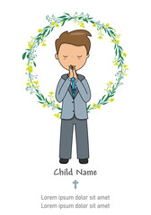 My first communion card. Child praying. isolated vector	
