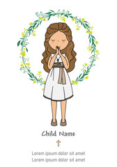 My first communion card. Girl praying. isolated vector	
