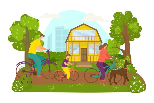 Family ride bicycle, vector illustration. Man woman people character at bike, sport activity in park, outdoor leisure with cartoon child, dog.