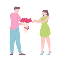 Man gives girlfriend bouquet of flowers vector illustration