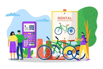 Bicycle transport rent, vector illustration. Rental vehicle for city street travel, man woman people character take bike for urban ride.