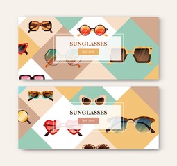 Promotion banner design with modern sunglasses. Horizontal background with trendy sun glasses. Ad template with women fashion eyewear. Advertising card. Colored flat vector illustration of advert