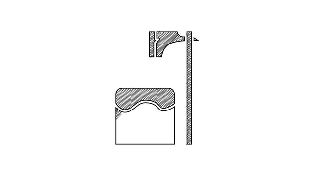Black line Executioner axe in tree block icon isolated on white background. Hangman, torturer, executor, tormentor, butcher, headsman. 4K Video motion graphic animation