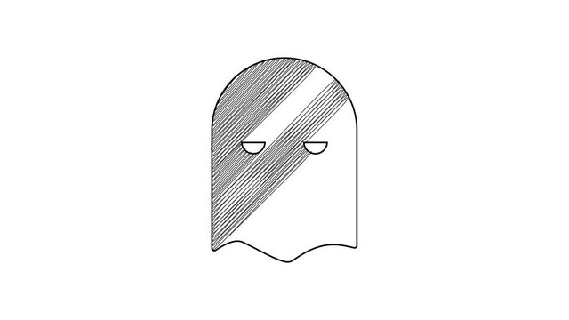 Black line Executioner mask icon isolated on white background. Hangman, torturer, executor, tormentor, butcher, headsman icon. 4K Video motion graphic animation