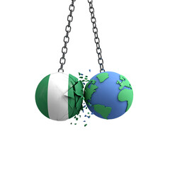 Nigeria flag ball hits planet earth. Environmental impact concept. 3D Render