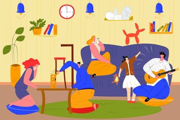 People spend time together at home, vector illustration. Cartoon man woman friends character sitting in room, play guitar, jenga at table.