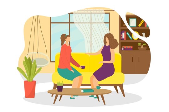 Flat people drink tea at home, vector illustration. Woman friends character with coffee cup, sitting at sofa, have conversation. Female person