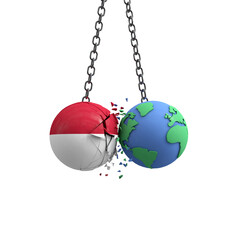 Indonesia flag ball hits planet earth. Environmental impact concept. 3D Render
