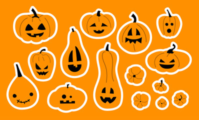 Halloween pumpkins. Stickers. Sticker pack. Set of colorful isolated vector pumpkin illustrations for Halloween party design. Jack O Lantern