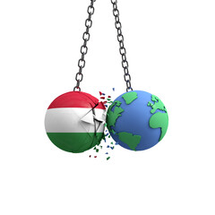 Hungary flag ball hits planet earth. Environmental impact concept. 3D Render