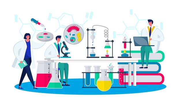 Lab with science research, vector illustration. Scientist people character use laboratory equipment for chemical, medical experiment.