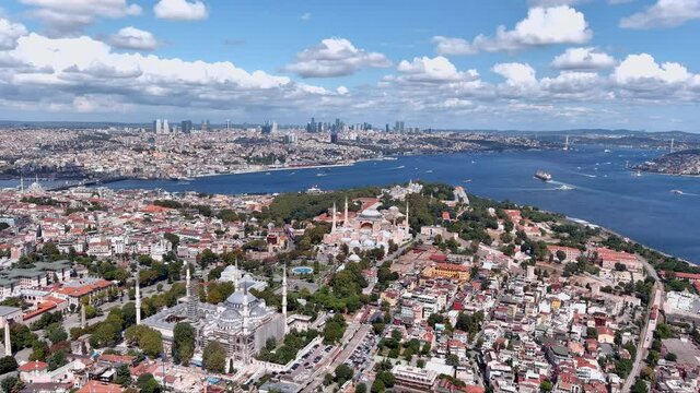 Istanbul Aerial View in Turkey 4K Several landmarks inc famous Hagia Sophia Grand Mosque, The Blue Mosque - Sultan Ahmed, Topkapi Palace Museum, with the beautiful Bosporus cityscape in the background