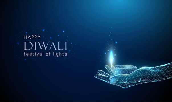 Abstract low poly giving hand with Diwali lamp