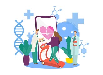 Medicine support for healthy sport, vector illustration. Woman character run at training equipment, doctor watch sportsman for medical prevention.