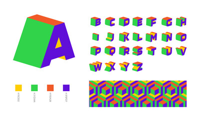 3D bold block cube alphabetical letters from A to Z using colours Green, Red, Blue, and yellow for playful designs and nursery  with a pattern for branding