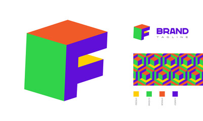 3D letter F Logo corner view with pattern and colour code swatches for branding designs with colors red, green, blue, yellow