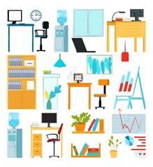 Office furniture, isolated on white set, vector illustration. Room interior design with table, computer armchair and lamp. Modern bookshelf © creativeteam