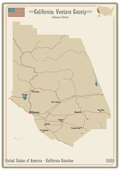 Map on an old playing card of Ventura county in California, USA.
