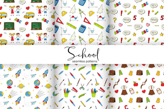 A set of seamless school patterns with school stationery, a school bus, graphs, a space rocket. Black and white background with isolated hand-drawn outline doodle elements. Vector illustration.