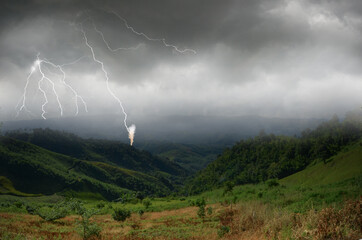 Dangerous lightning storm over the mountains in Asia