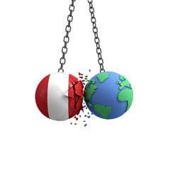Peru flag ball hits planet earth. Environmental impact concept. 3D Render