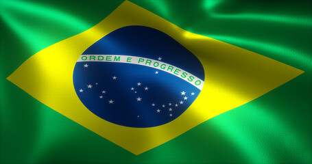 Brazil Flag, Brazilian Flag with waving folds, close up view, 3D rendering